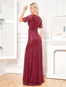 Luxury Floor Length V-Neck Evening Dresses Women Elegant Wedding Party Sequins Short Sleeves Prom Floor-Lenght Cocktail Gowns