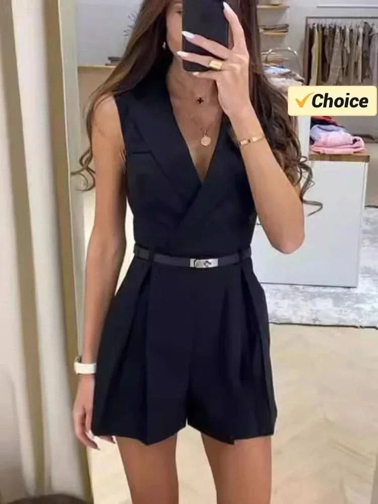 Summer Fashion New Women's Lapel Suit Jumpsuit OL Professional Commuting Women's Office Style Shorts Formal Jumpsuit - M & M Global