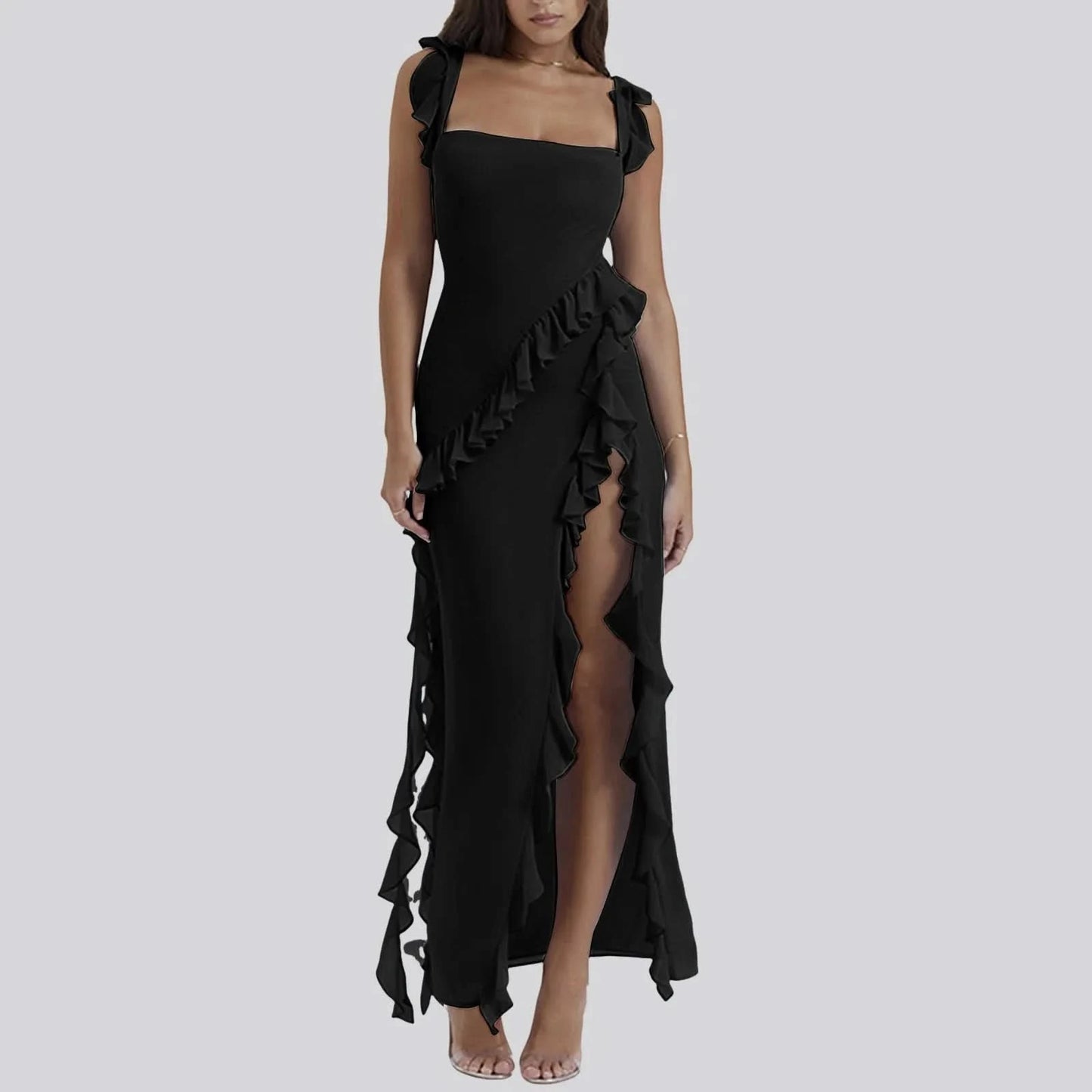 Elegant High Slit Streamer Ladies Dress Sexy Square Neck Slip Dresses Hot Girl Style Long Dress Ruffle Irregular Party Dresses - M & M Global