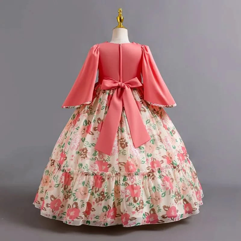 Girls flower pearl long sleeved princess dress 4-12 years old elegant bow printed long dress carnival birthday party performance - M & M Global