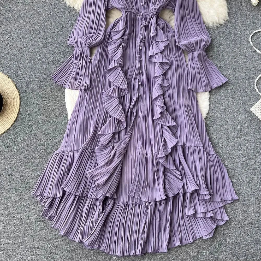 Purple/Brown/Red Chiffon Pleated Long Dress Women Vintage V-Neck Flare Sleeve Draped Ruffle Vestido Female Maxi Robe Spring Fall - M & M Global