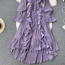 Purple/Brown/Red Chiffon Pleated Long Dress Women Vintage V-Neck Flare Sleeve Draped Ruffle Vestido Female Maxi Robe Spring Fall - M & M Global