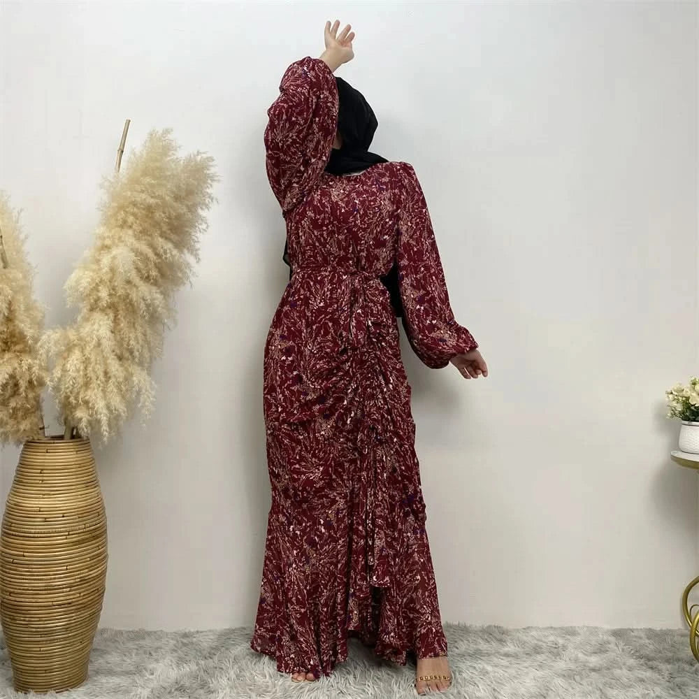 Muslim Women's dress Casual print bark crepe long dress Zipper collar long sleeves loose Muslim maxi dress - M & M Global