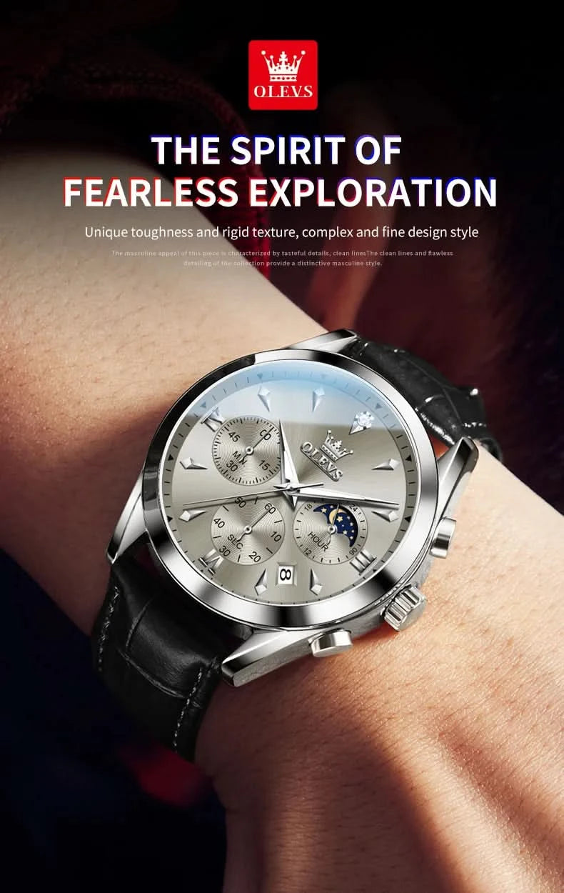 OLEVS Original Watch Leather Strap Moon Phase Luminous Quartz Watches for Man Waterproof Calendar Business Trend Wristwatch - M & M Global