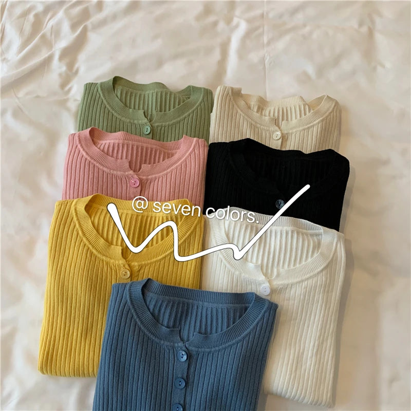 2025 Knitted Women Sweater Button O-neck Pullovers Spring Autumn Basic Sweaters for Female Pullover Slim Solid Bold Stripes Tops