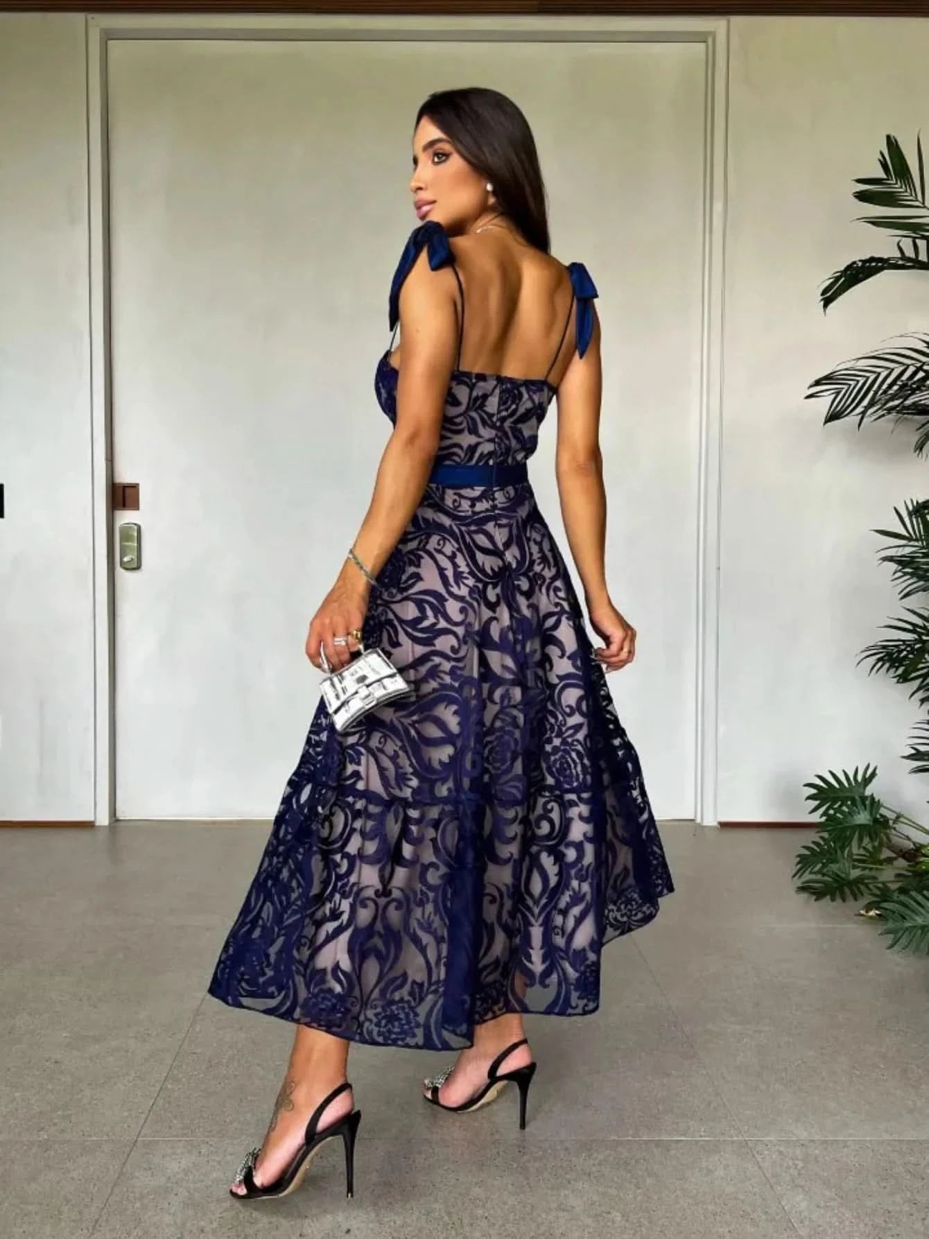 Sexy Lace Jacquard See Through Women Dress Sleeveless Tie Up Backless lace Long Dress Summer Party Ladies Bandage Party Dress - M & M Global