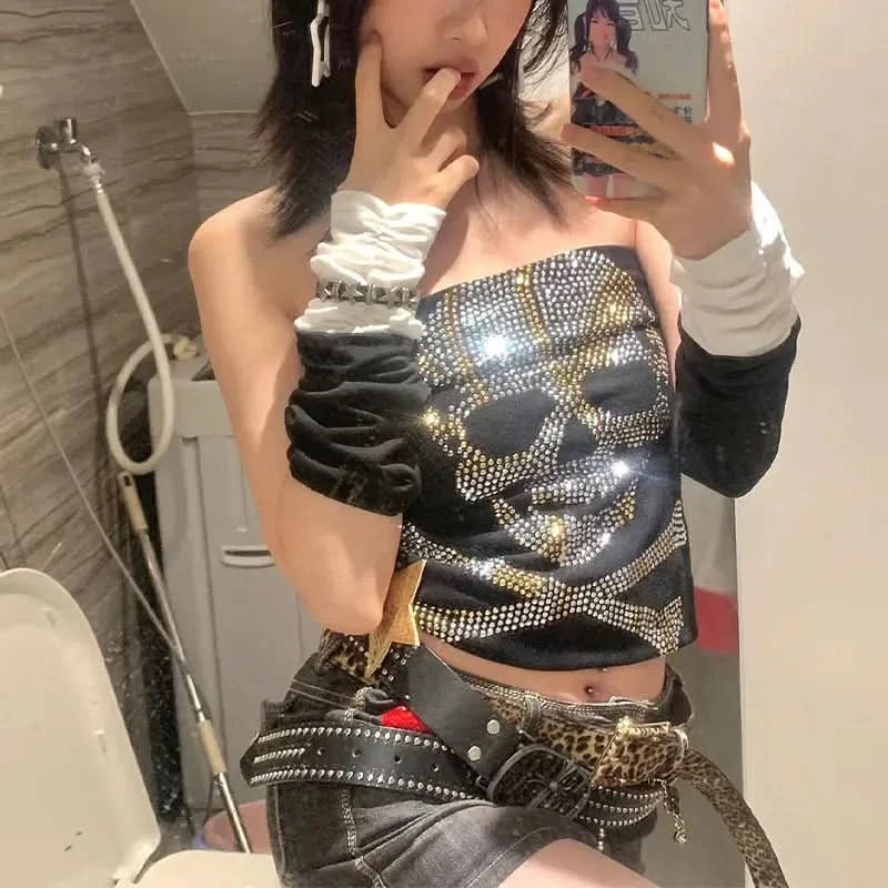 Punk Y2k Tank Top Harajuku Rhinestone Casual Sleeveless Top Rock Gothic Retro Halter top Hip Hop Streetwear Crop top EMO Sling - M & M Global