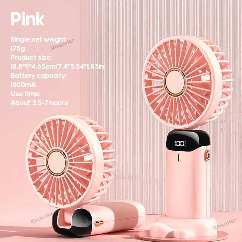 USB Handheld Mini Fan Foldable Portable Neck Hanging Fans 5 Speed USB Rechargeable Fan with Phone Stand and Display Screen - M & M Global