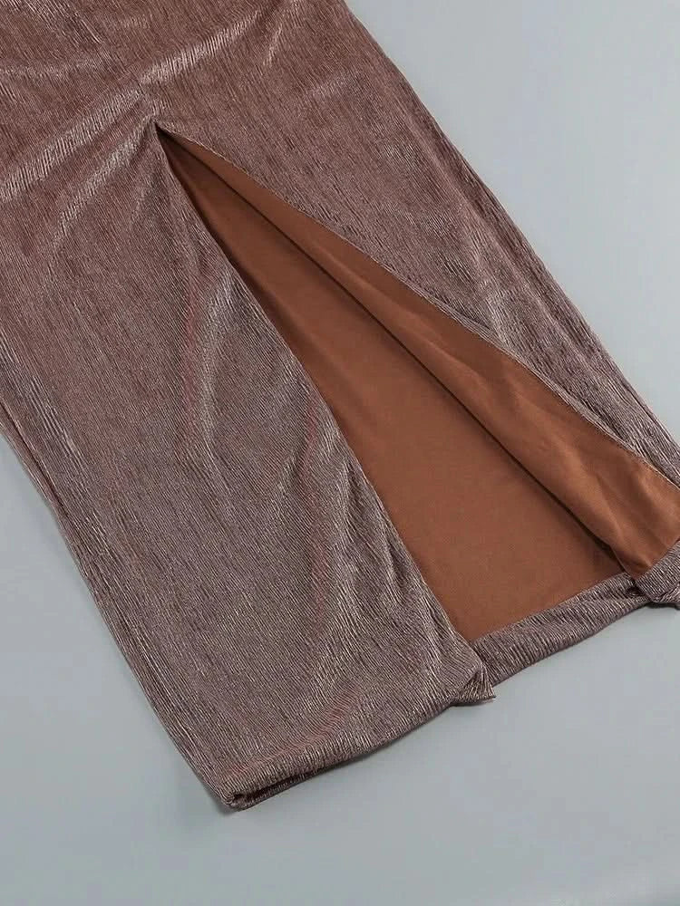 Sexy One Shoulder Draped Glitter Long Dress Women Brown Corset Sparkly Backless Bodycon Maxi Dresses Evening Party Gowns - M & M Global