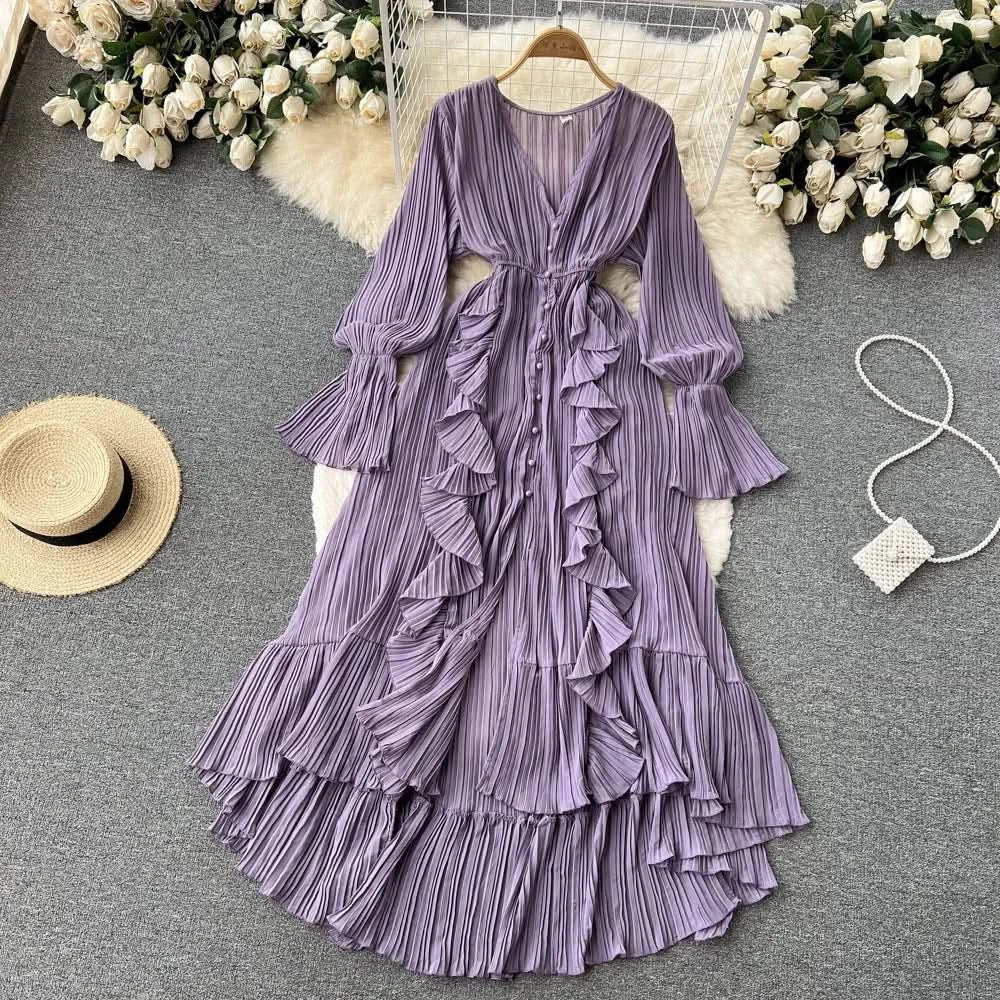 Purple/Brown/Red Chiffon Pleated Long Dress Women Vintage V-Neck Flare Sleeve Draped Ruffle Vestido Female Maxi Robe Spring Fall - M & M Global