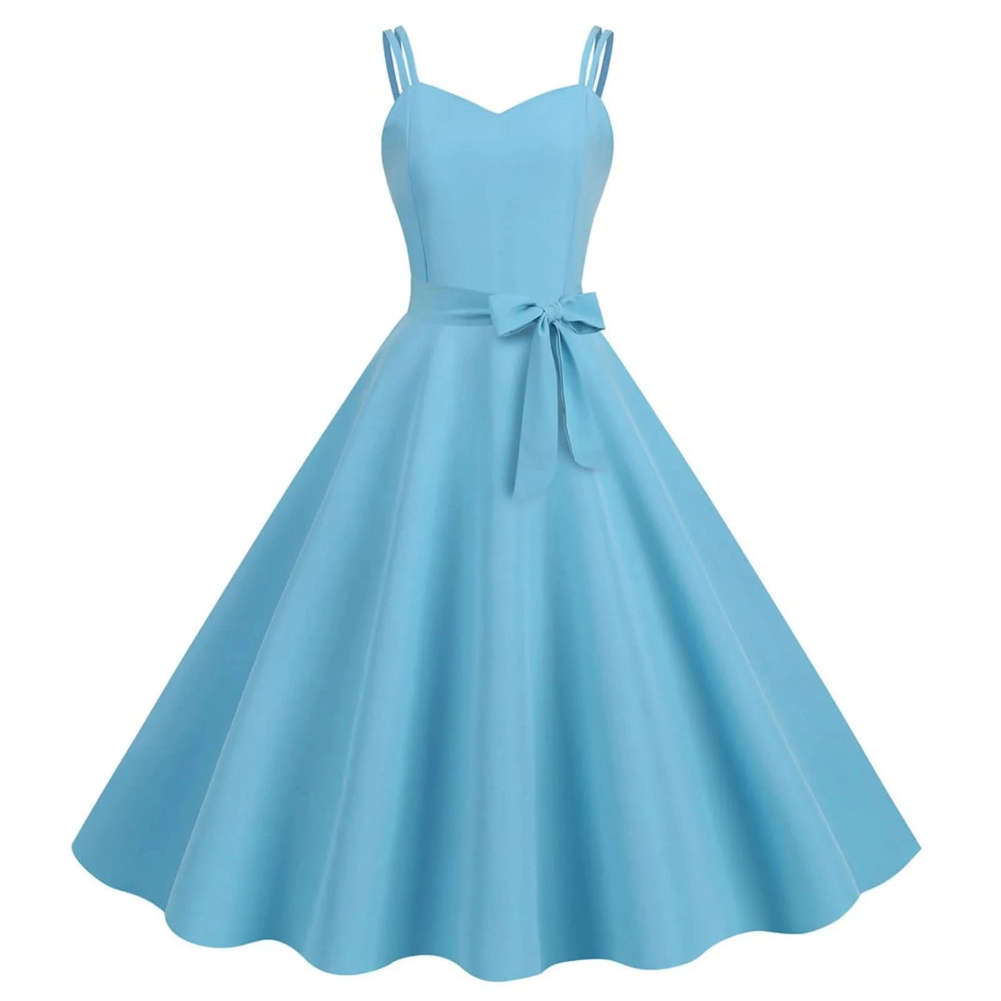 Women Casual Sleeveless Evening Party Prom Dress Strap A Line Large Swing Dress Solid Belted Waist Dresses For Wedding Guest - M & M Global