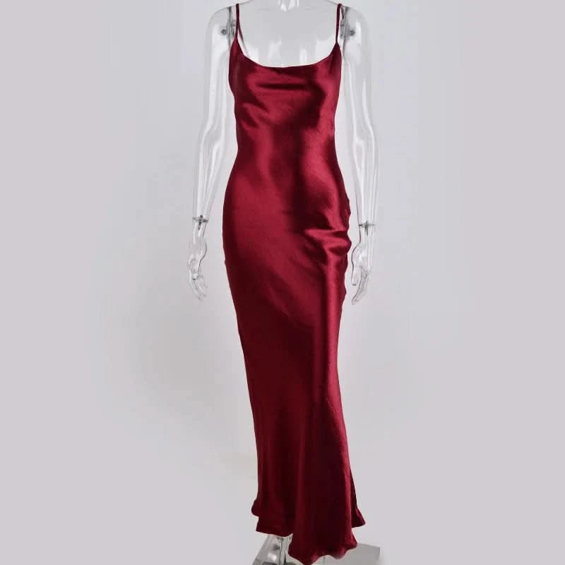Sibybo Sexy Spaghetti Strap Backless Satin Dress Women Y2K Blue Lace Up Trumpet Long Dress Elegant Bodycon Party Dresses 2022 - M & M Global