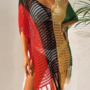 Knitted Contrast Tassel Bikini Summer Beach Cover Up Sexy Hollow Out Women V Neck Loose Beachwear Sunscreen Smock - M & M Global