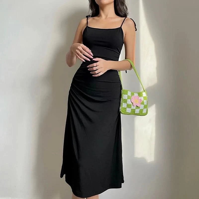 Fashion Strappy Ruched Sexy Black Dress Irregular Elegant Backless Long Dress Party Summer Dresses Women Clothes Vintage Dress - M & M Global
