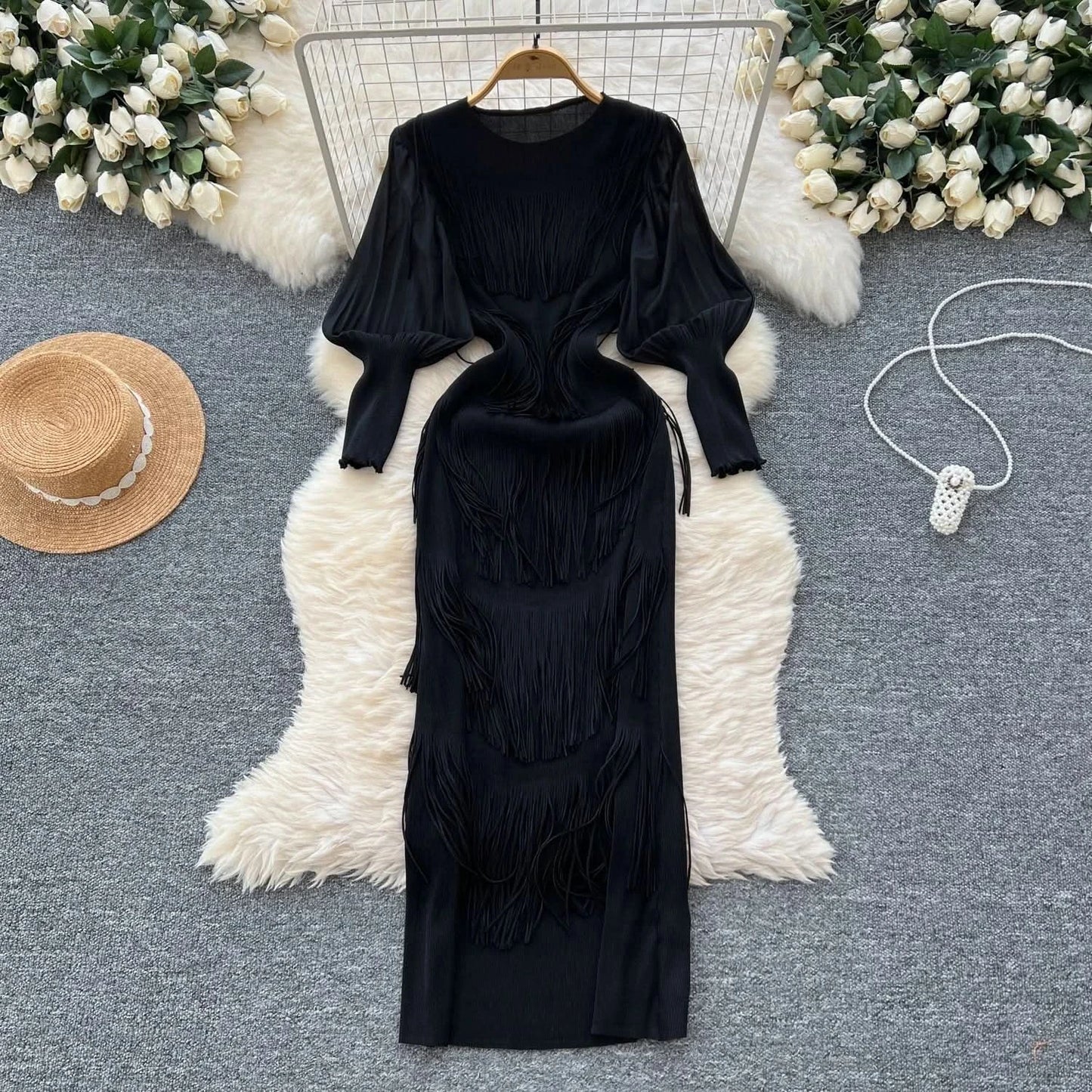 Vintage O-Neck Elegant Long Lantern Sleeve Chic Tassel Slim Long Dress French Fashion Evening High Street Autumn Winter Clothing - M & M Global