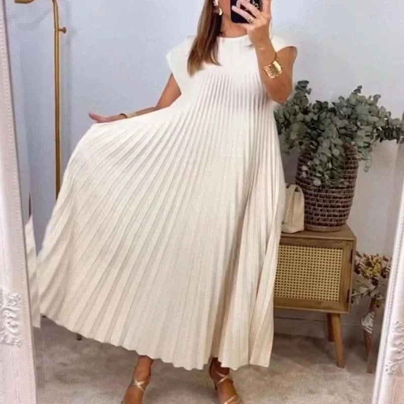 Chic Simple O-neck Pleated Long Dress Women 2024 Fashion Solid Sleeveless Boho Beach Dress Casual Pocket Female Loose Maxi Dress - M & M Global