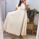 Chic Simple O-neck Pleated Long Dress Women 2024 Fashion Solid Sleeveless Boho Beach Dress Casual Pocket Female Loose Maxi Dress - M & M Global
