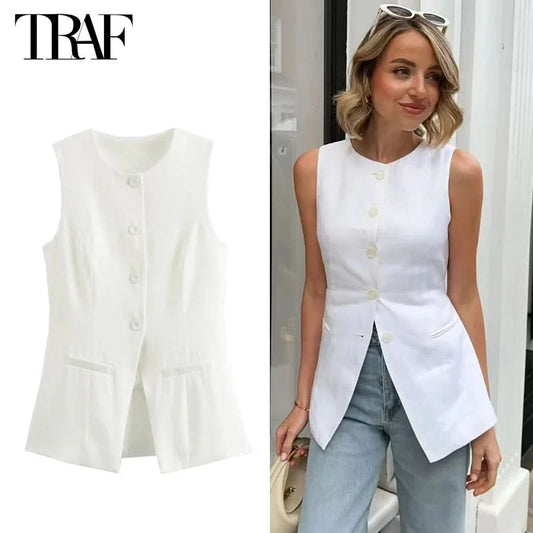 TRAF 2024 White Sleeveless Vest Women Button Summer Vests for Women Jackets Pink Vest Top Women Streetwear Women's Tailored Vest - M & M Global