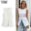 TRAF 2024 White Sleeveless Vest Women Button Summer Vests for Women Jackets Pink Vest Top Women Streetwear Women's Tailored Vest - M & M Global