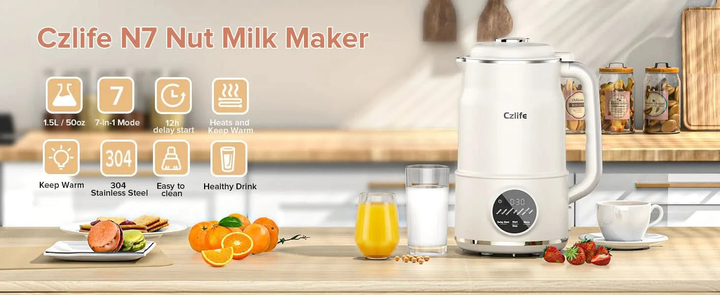 N7 Nut Milk Maker, 50oz (1.5L) Automatic Soy Milk Maker Machine for Homemade Oat Milk, Nutmilk, Juice, Milkshake, Baby Food, Gra - M & M Global
nut milk maker
almond milk maker
soy milk machine
oat milk maker
plant-based milk
vegan milk machine
automatic soy milk maker
homemade milk maker
baby food maker
smoothie blender
juice extractor
centrifugal juicer
1.5L milk maker
50oz capacity blender
kitchen appliances
non-dairy milk
dairy-free milk maker
electric milk maker
self-cleaning milk maker
multi-function 
