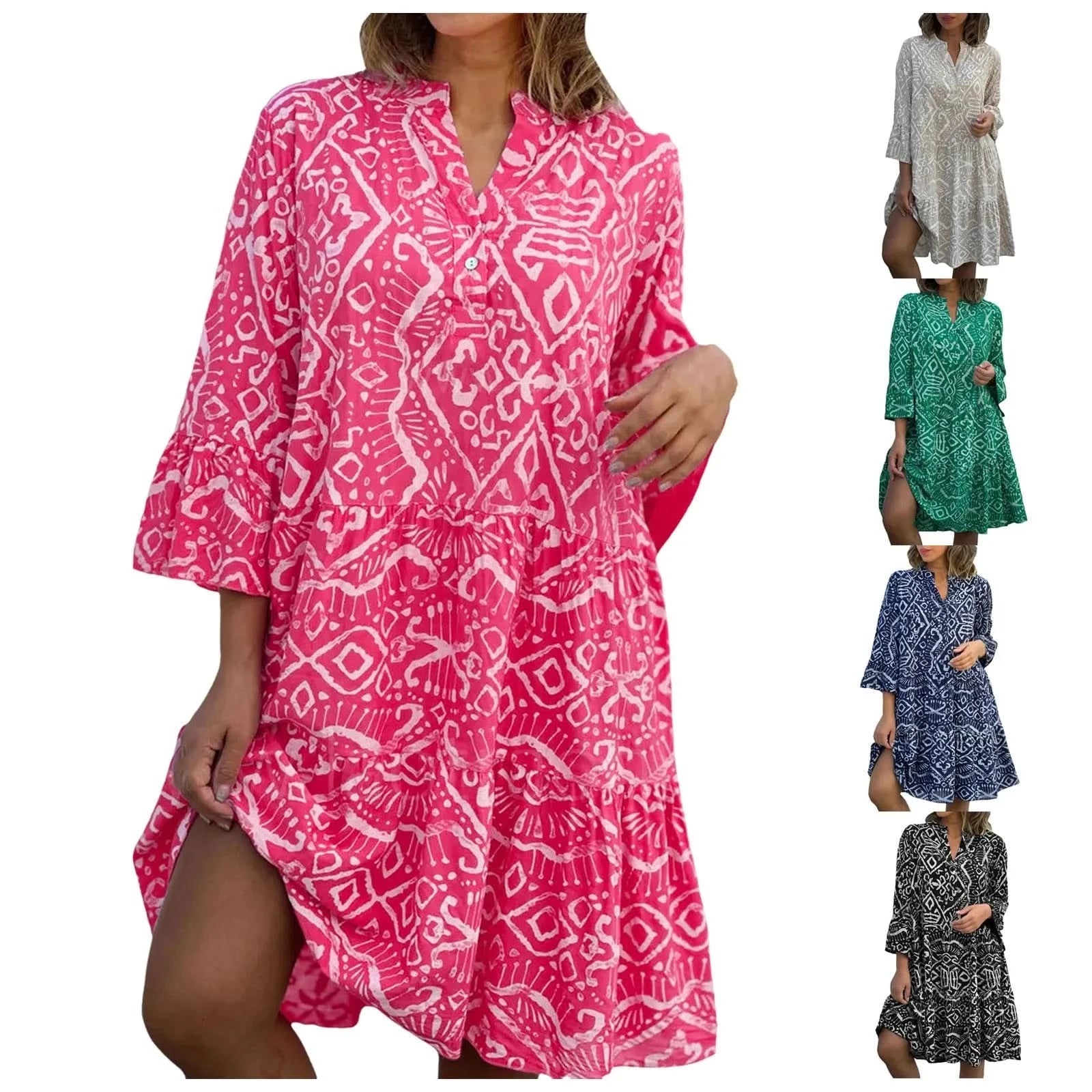 Women Floral Print Maxi Dress Fashion Casual V Neck Long Dress Plus Size Summer Boho Dress Ruffle Three Quarter Sleeves Dresses - M & M Global