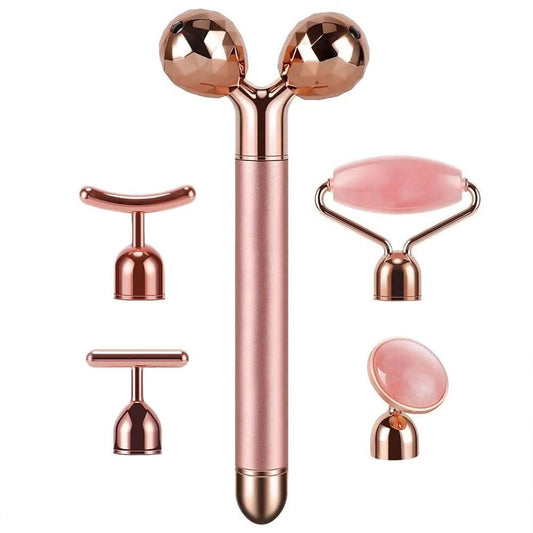 5-in-1 24K Gold Beauty Wand Face Massager Electric Vibrating Rose Quartz 3D Roller Face Lifting Body Facial Gua Sha Jade Roller - M & M Global