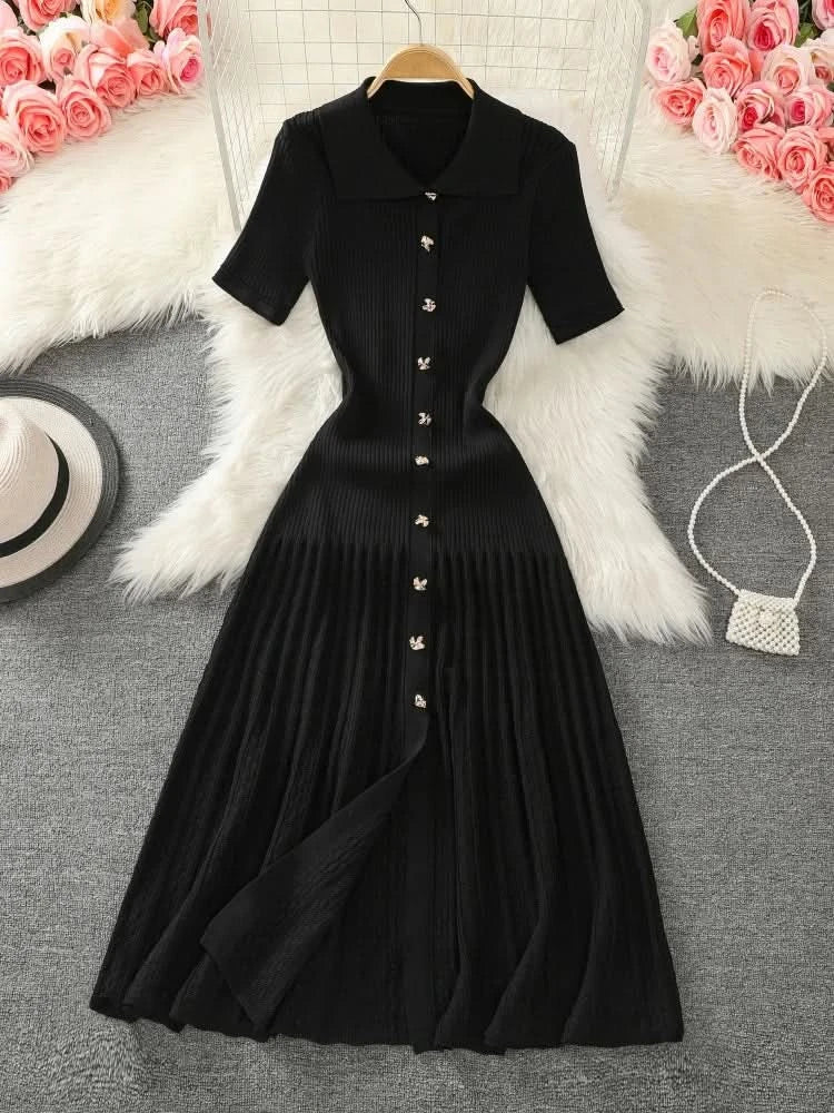 Summer 2024 New Women's Black Beige Single Breasted Knitted Long Dress Green Elegant Office Lady Short Sleeve Pleated Dress Chic - M & M Global
