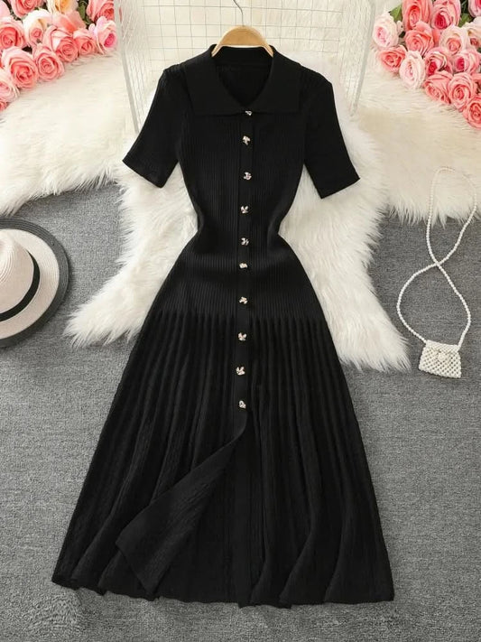 Summer 2024 New Women's Black Beige Single Breasted Knitted Long Dress Green Elegant Office Lady Short Sleeve Pleated Dress Chic - M & M Global