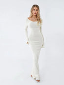 Women's Autumn Winter Knitted Bodycon Dress Long Sleeve Tie Backless Round Neck Solid Color Ruffle Trim Long Dress Beachwear - M & M Global
