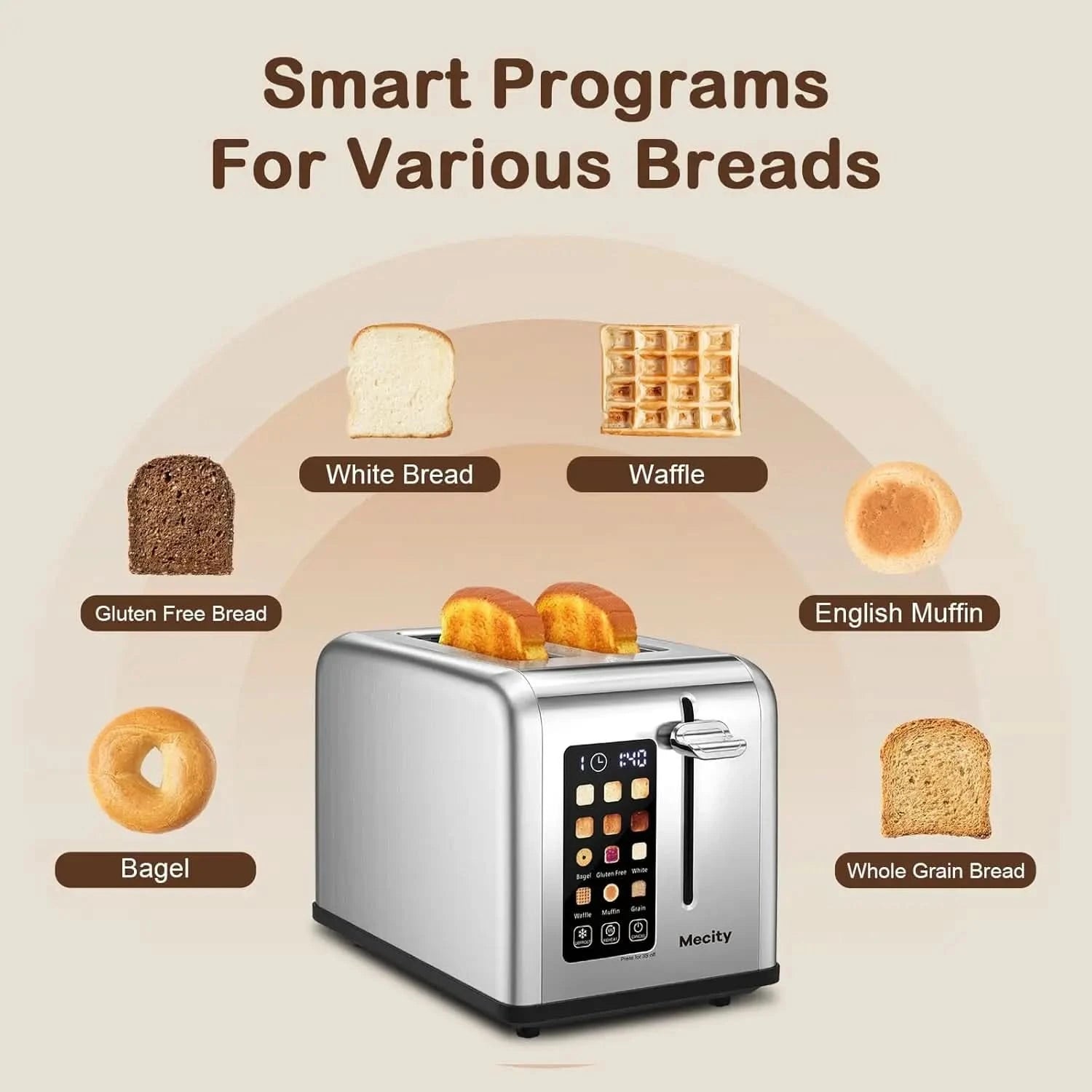 2 Slice Toaster Touch Screen 1.5" Wide Slot, Stainless Steel Smart Bread Toaster for Bagel Muffin Waffle Gluten Free Breads, Tim - M & M Global