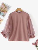 ZANZEA Women Elegant Party Blouse Vintage Mesh Ruffle 3/4 Sleeve Tops 2024 Autumn Stand Collar Shirts Korean Version Loose Tunic