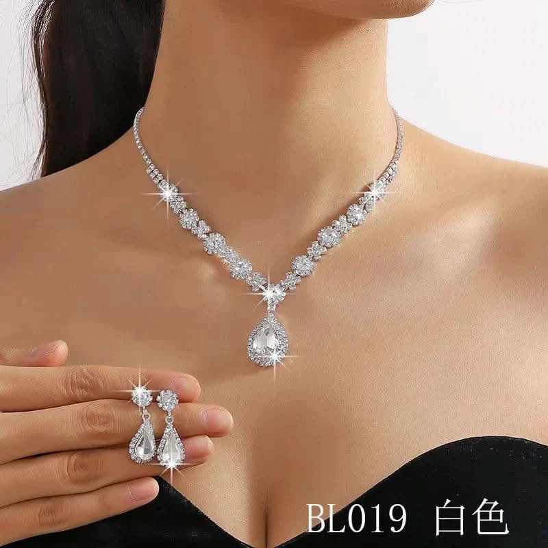 2pcs/set Jewelry Sets Women Elegant Waterdrop Rhinestone Pendant Necklace stud Earrings Wedding Dress Bridal Jewelry Set - M & M Global