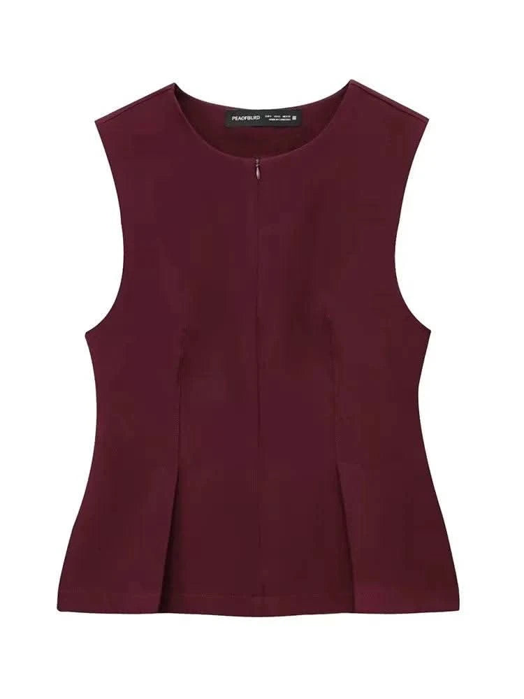2025 Summer Women Solid Zipper Vintage Causal Sleeveless O Neck Tank TShirt Fashion Slim Pleated Vest High Street Folds Top - M & M Global
