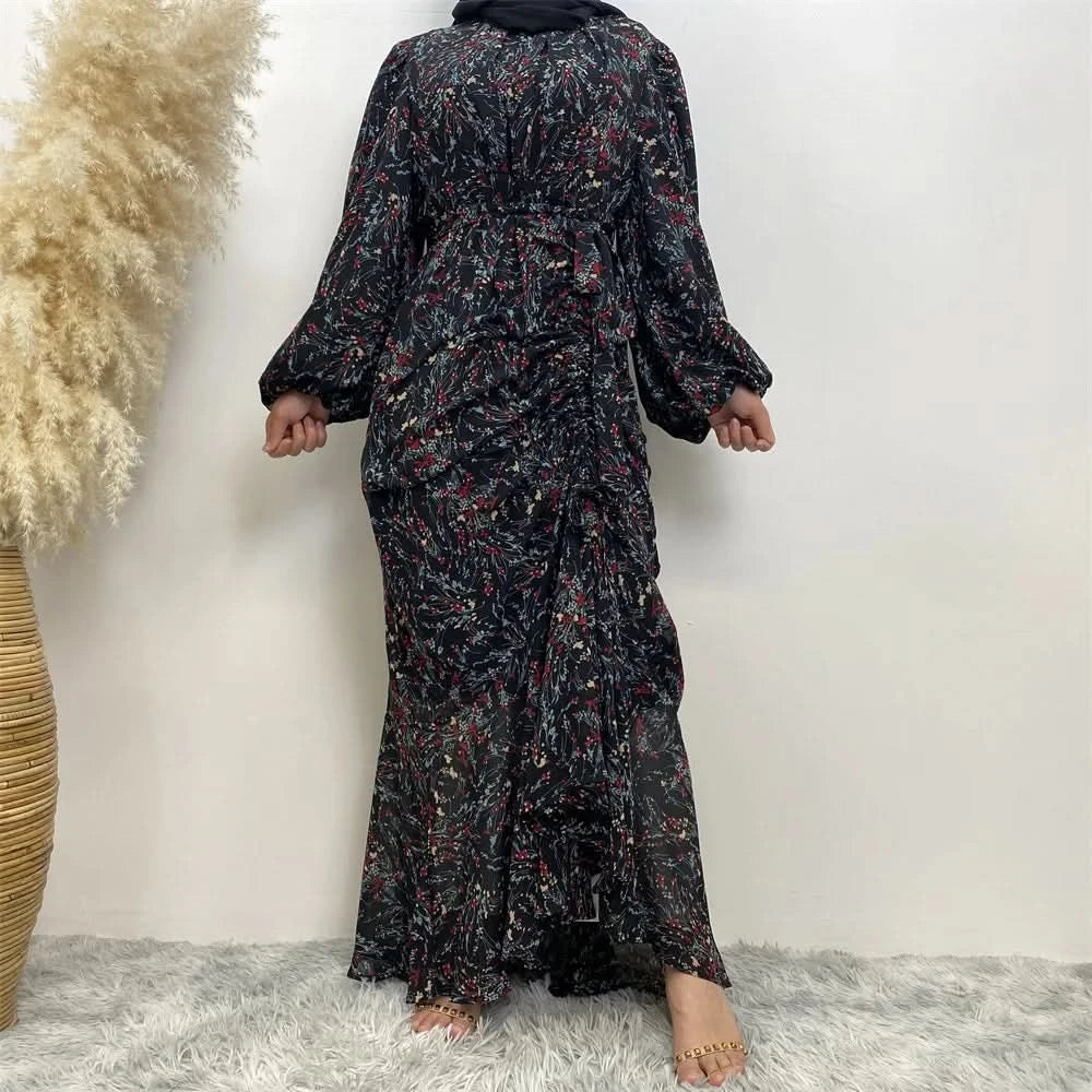 Muslim Women's dress Casual print bark crepe long dress Zipper collar long sleeves loose Muslim maxi dress - M & M Global