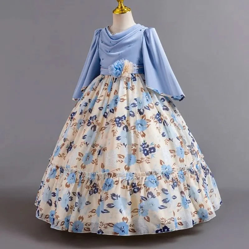 Girls flower pearl long sleeved princess dress 4-12 years old elegant bow printed long dress carnival birthday party performance - M & M Global