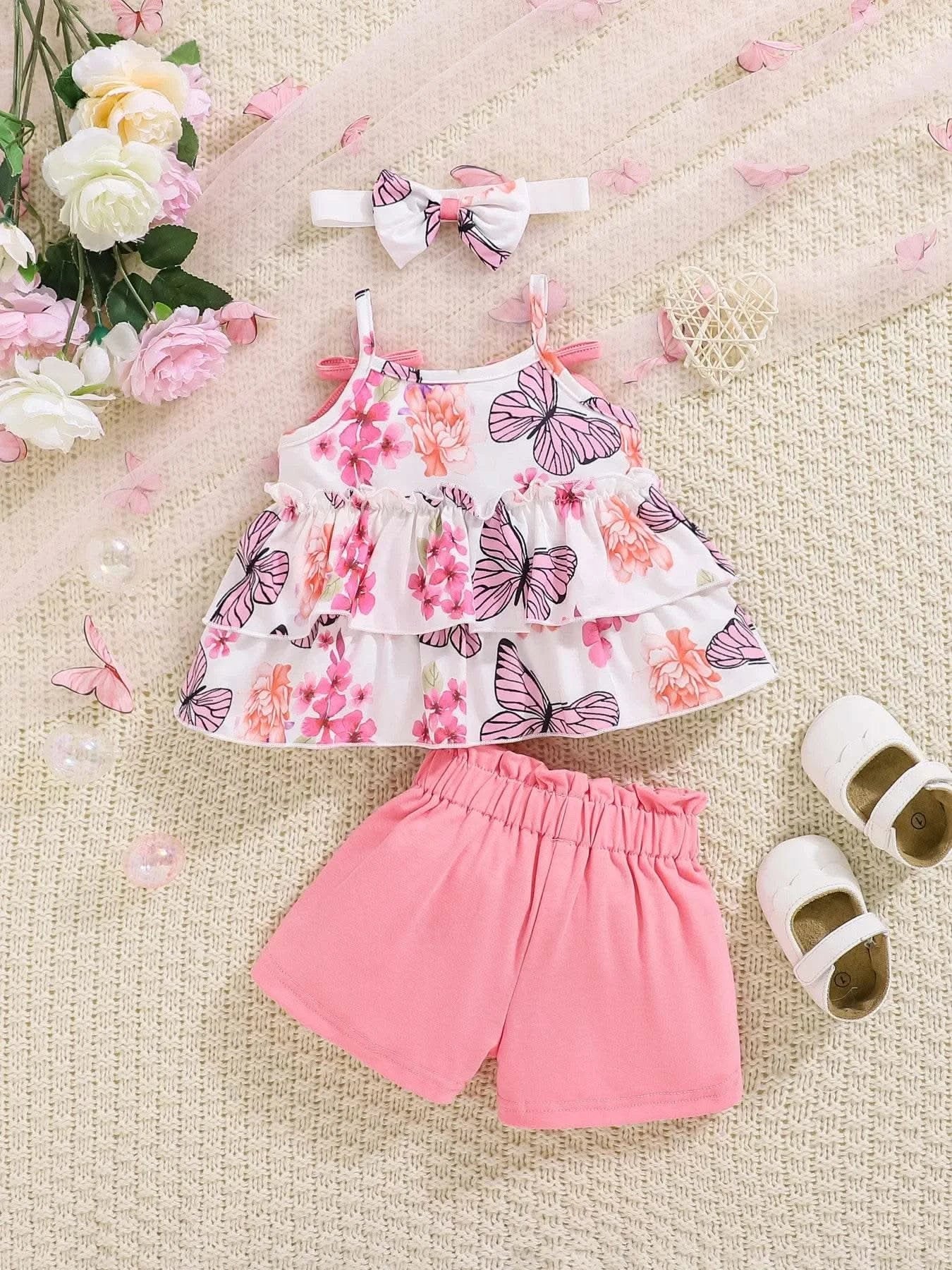 3-piece baby baby girl butterfly print halter top with bow embellish shorts headscarf set - M & M Global