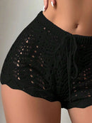 Polyester100.00% Hollow Drawstring Open Waist Knitted Bikini Blocked Women's Shorts - M & M Global
