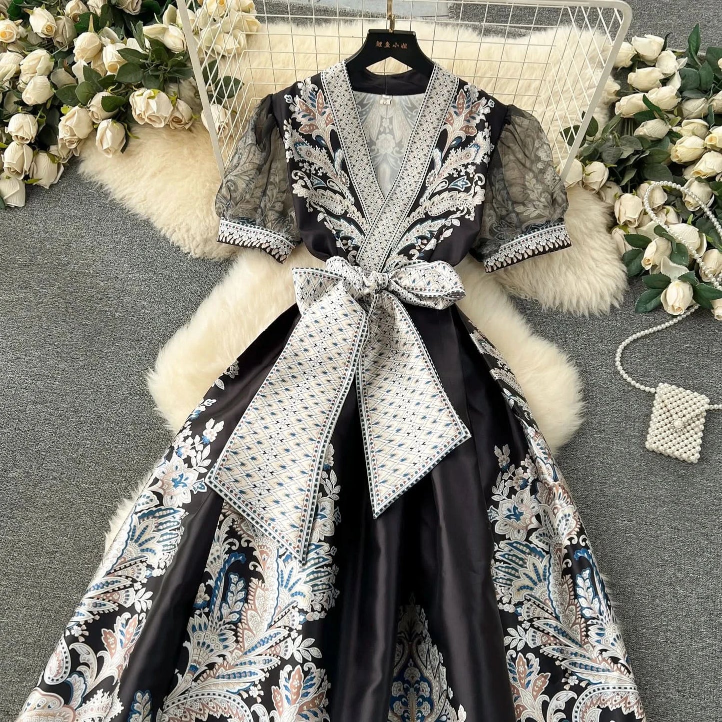 Summer Bohemian Paisley Print Long Dress Women V-Neck Short Puff Sleeve Vintage Print Bandage Lace Up Robe Vestidos Clothes 6237 - M & M Global