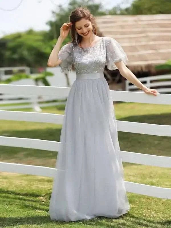2023 New Women's Burgundy A-Line Sequin Mesh Leaf Maxi Prom Dress Sparkle Evening Dresses O-Neck Short Sleeve Long Dress - M & M Global