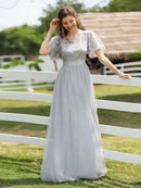 2023 New Women's Burgundy A-Line Sequin Mesh Leaf Maxi Prom Dress Sparkle Evening Dresses O-Neck Short Sleeve Long Dress - M & M Global