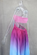 Women Chic Gradient Print Halter Neck Pleated Beach Long Dress Fashionable Long Dress Sexy Hollow Out Vacation Maxi Dress Outfit - M & M Global