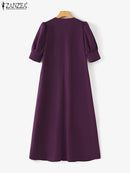 ZANZEA Fashion V-neck Pleated Dresses Women Solid Puff Short Sleeve Midi Dress 2024 Summer Elegant Street Loose Dress Oversized