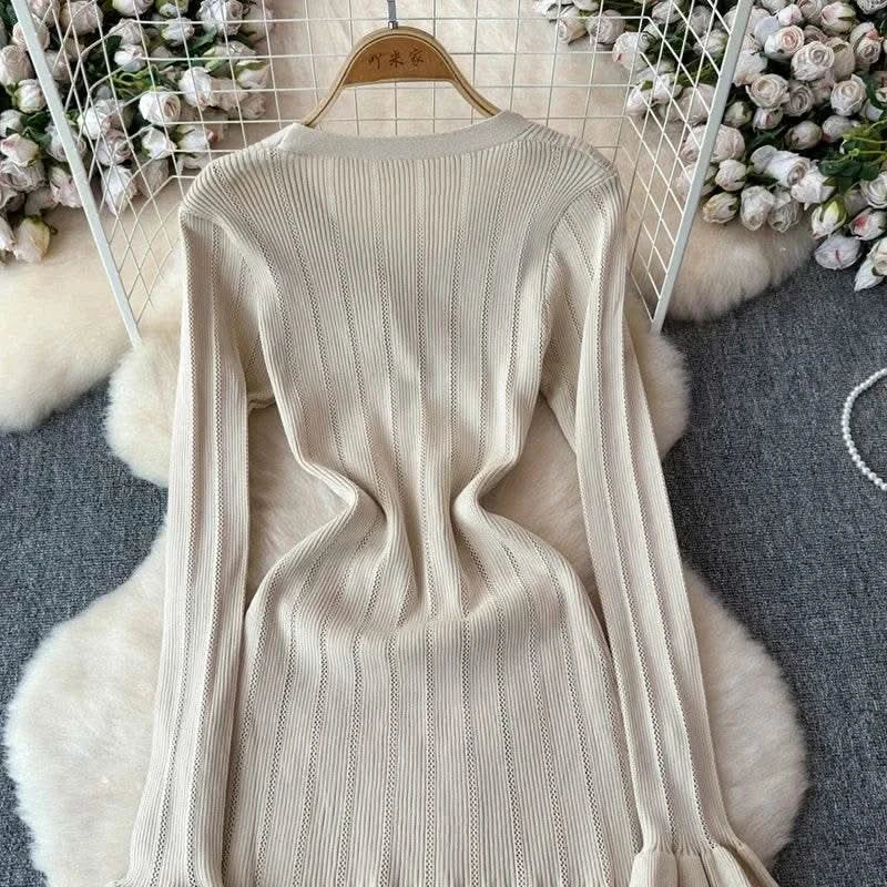 2024 Green Fashion Autumn Winter Knitted Long Dress French Style Letter Buttons Elegant Sweater Dress Lady Office Bodycon - M & M Global