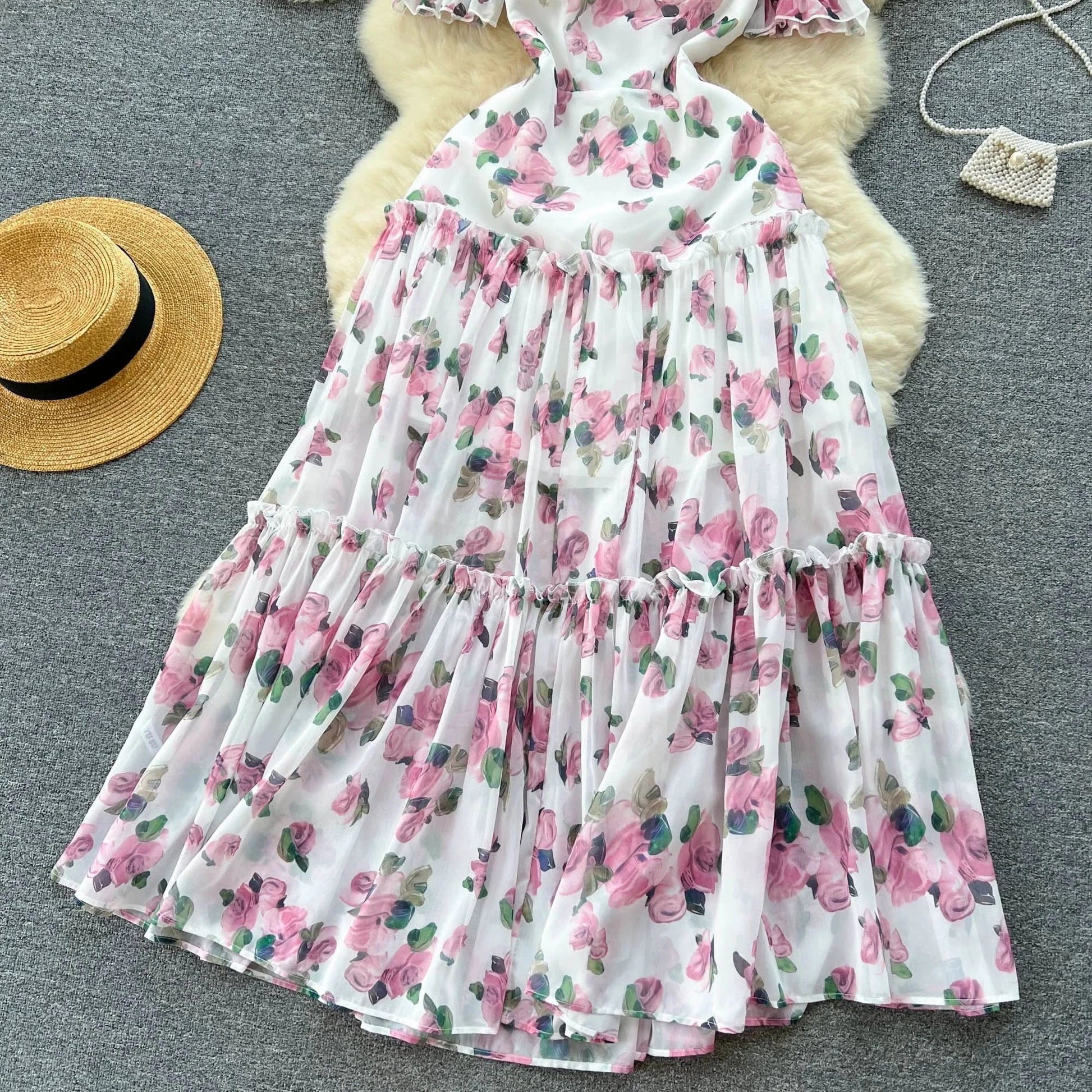 SINGREINY Beach Vacation Floral Print Dress Women Backless Lace Up Cross Bandage Ruched Korean Hotsweet Fashion Party Long Dress - M & M Global