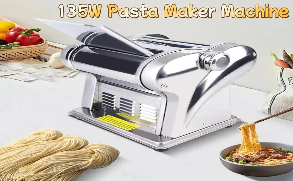 135W 110V Pasta Maker Machine, Two-Knife Electric Noodle Maker Machine Dough Roller Sheeter with Adjustable Thickness Setting, H - M & M Global