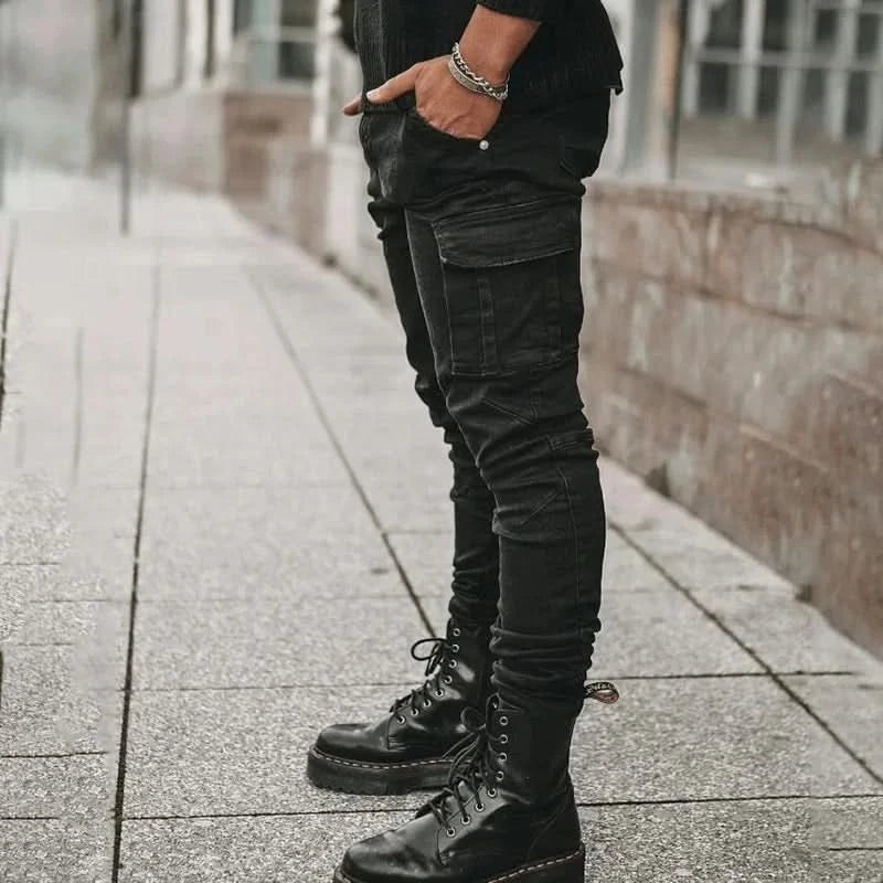 Men Street Elastic Denim Jeans Wash Solid Color Multi Pockets Cargo Pants Casual Slim Fit Daily Wear Joggers Mid Waist Trousers - M & M Global