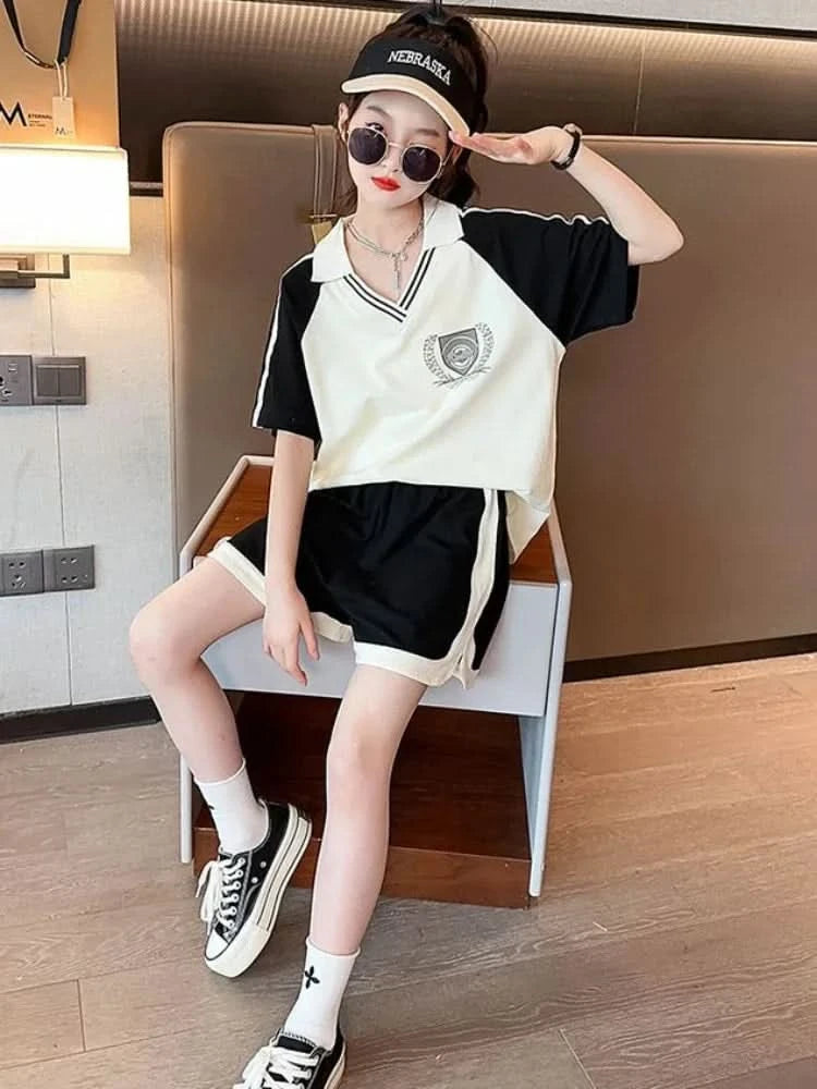 Summer Clothes Set for Children Girls Fashion V Neck T-shirts and Shorts 2pcs Suit Teenage Lapel Top Bottom Outfits Tracksuits - M & M Global