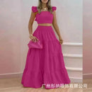 Dress Set Two-piece Women's Clothing Solid Color Sexy Suspender Large Swing Skirt Short Sleeved Square Neck Top Summer Outfits - M & M Global