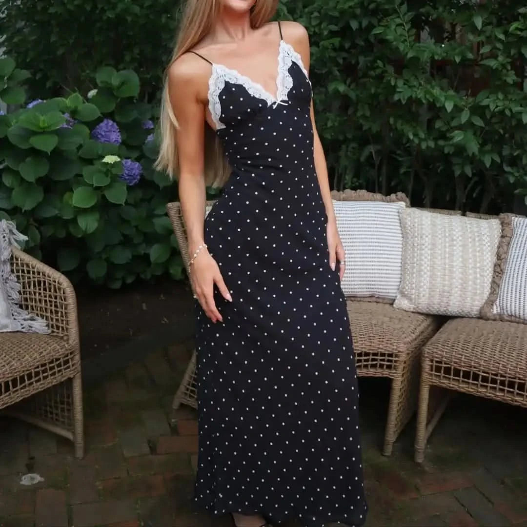 Tuularose Lace Spaghetti Strap Long Dress Women's Elegant Retro V-Neck Polka Dot Sleeveless Dress Summer Patchwork Party Dress - M & M Global