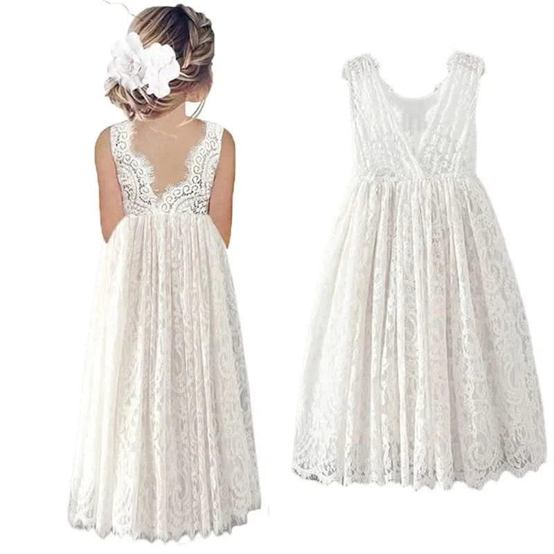 Plus Size Princess Girls Cotton Lace Party Long Dress Baby Kids Flower Girl Wedding Birthday Children Clothing 2 4  6 8 10 12 14 - M & M Global